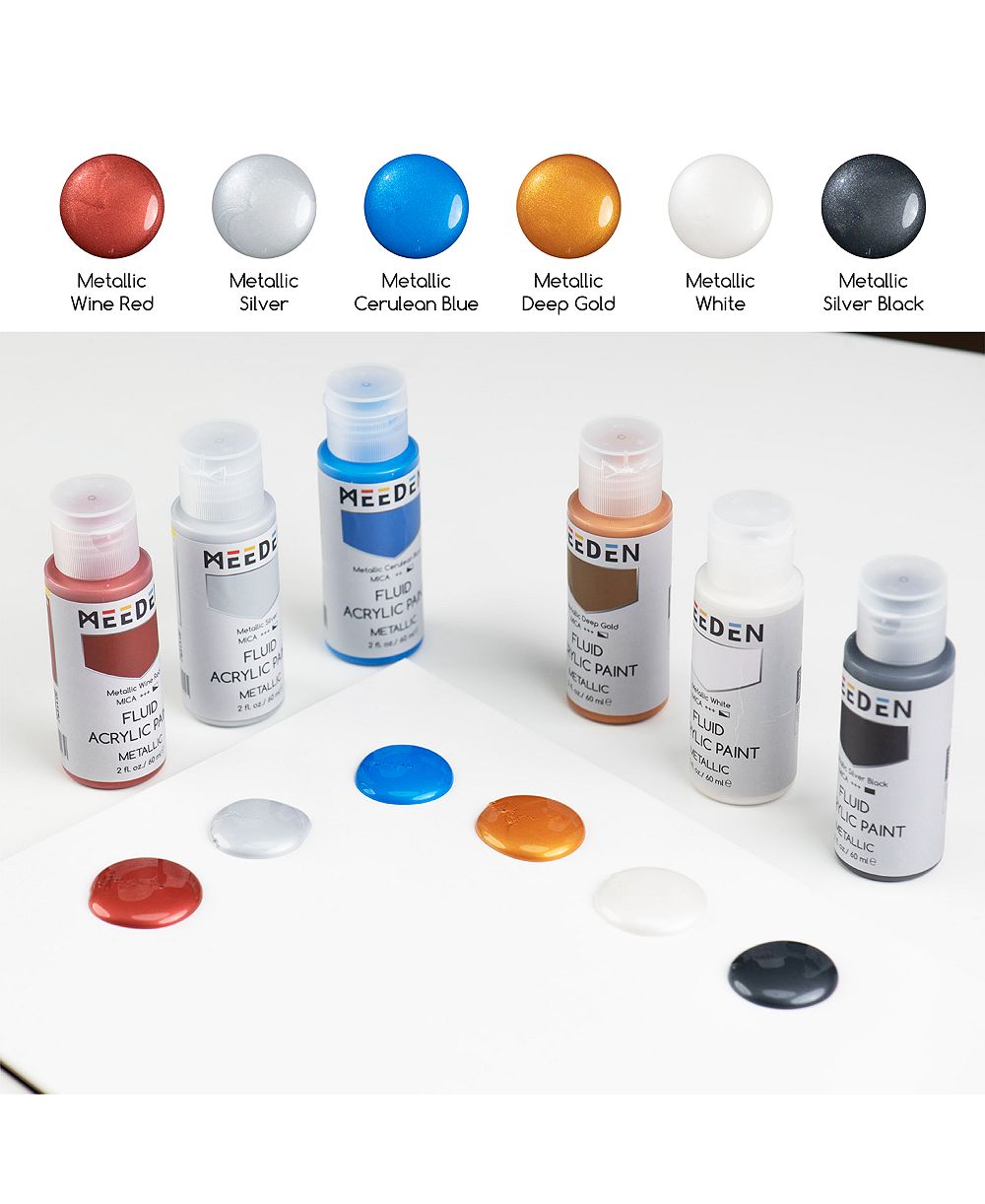 MEEDEN Fluid Metallic Acrylic Paint Set, 6 Vibrant Colors (2 oz, 60 ml), Rich Pigments, High Flow Art Paints for Artists, Adults, Kids
