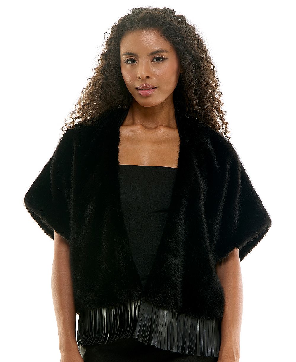 SENI & CADE Juniors' Faux Fur Open-Front Pleather-Fringe Hem Jacket