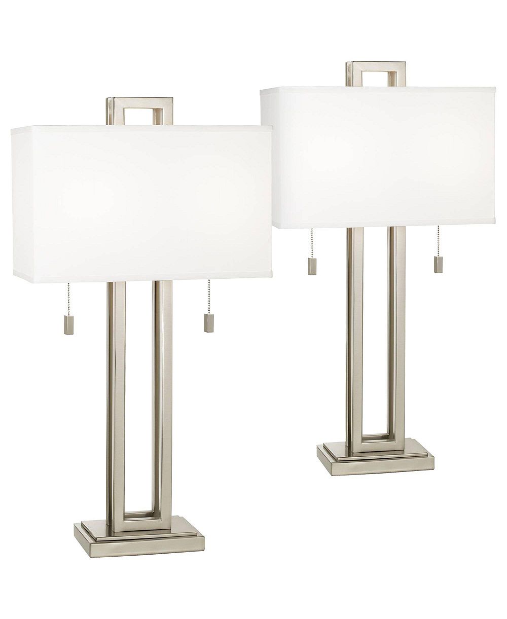 Possini Euro Design Gossard 30" Tall Rectangle Modern End Table Lamps Set of 2 Pull Chain Brushed Nickel Finish Metal