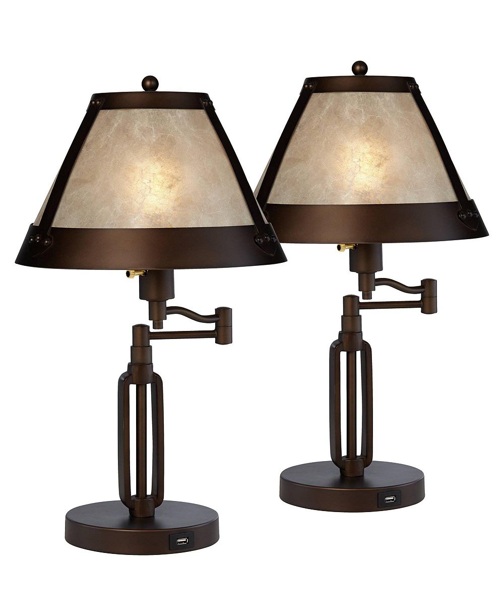 Franklin Iron Works Samuel Industrial Desk Lamps 21 1/4" High Set of 2 Bronze Swing Arm with USB Charging Port Natural Mica Shade for Living Room Home