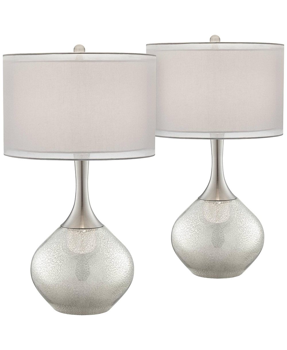Possini Euro Design Modern Table Lamps 30.5" Tall Set of 2 Mercury Glass Chrome Twin Sheer Drum Shade for Living Room Family Bedroom Bedside