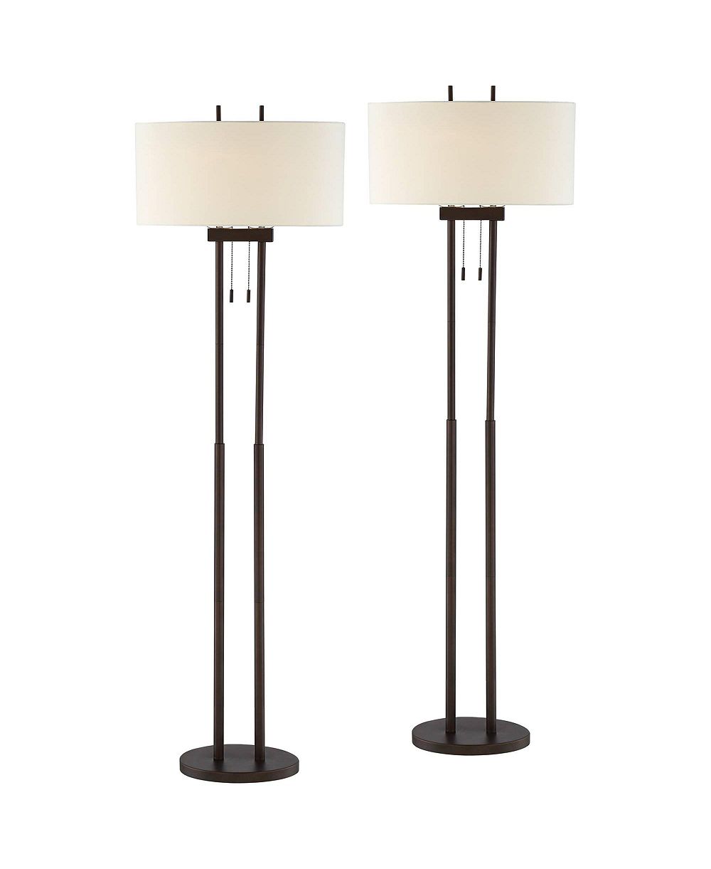 Franklin Iron Works Roscoe Modern 62" Tall Standing Floor Lamps Set of 2 Lights Twin Pole Pull Chain Roman Bronze Finish