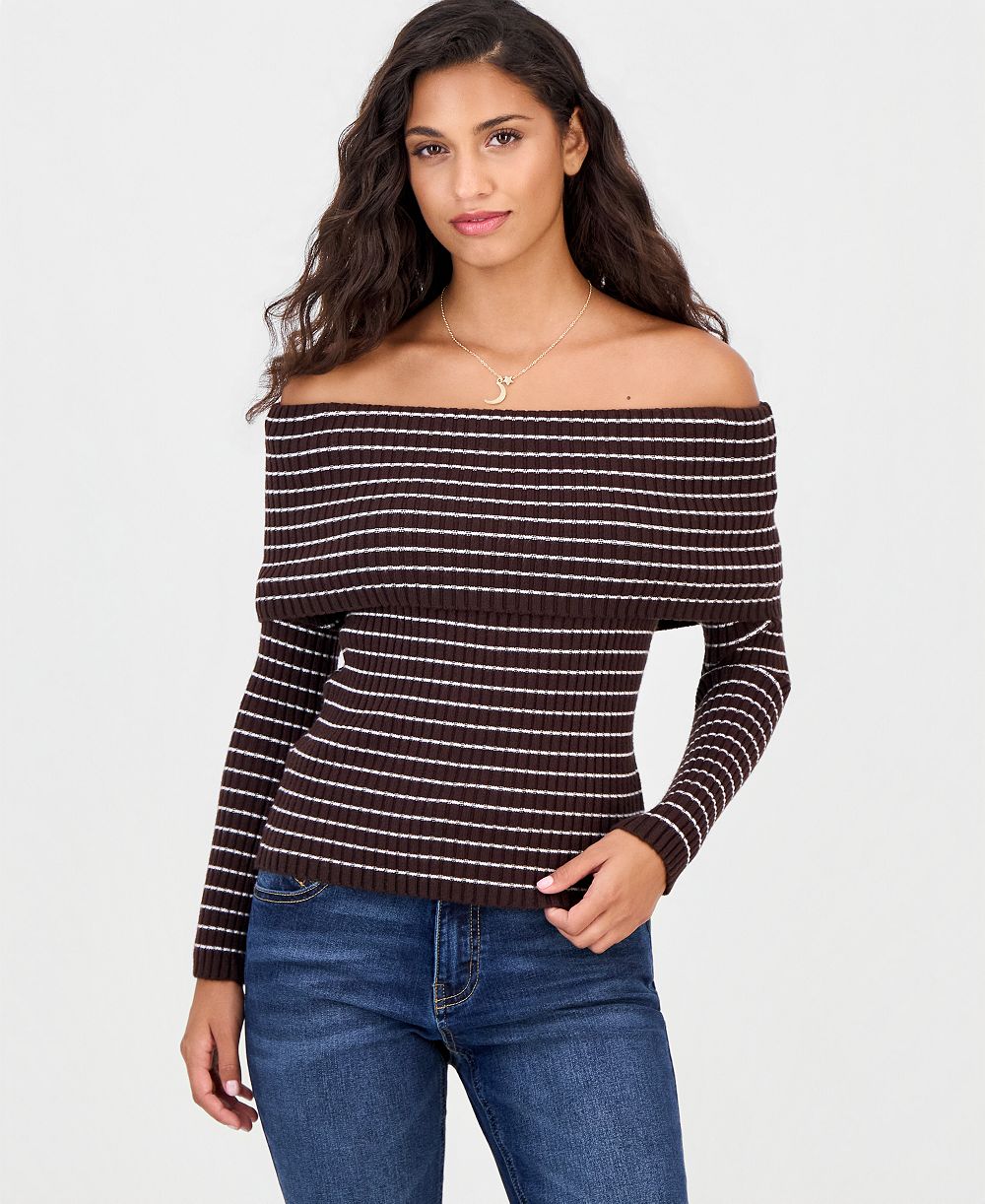 Madden Girl Juniors' Marilyn Off-the-Shoulder Ribbed Long-Sleeve Sweater