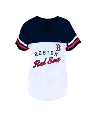 Женская футболка Fanatics Boston Red Sox White/Navy Plus Size с V-образным вырезом и двумя полосками