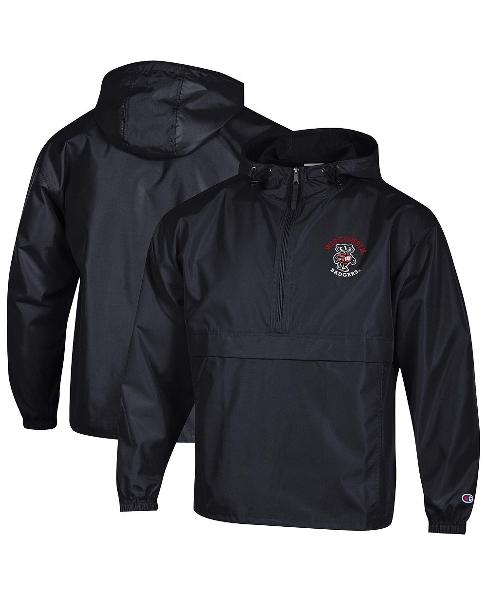 Champion Men's Black Wisconsin Badgers Packable Hooded Windbreaker Half-Zip Jacket