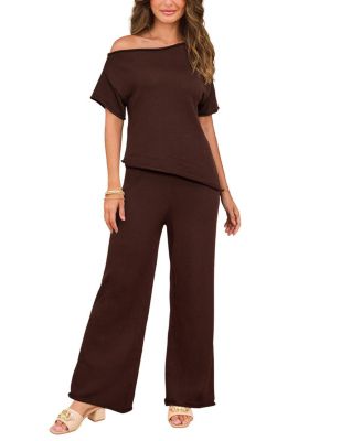 Cupshe Women's Knit Off-Shoulder Top and Wide Leg Pants Loungewear Set