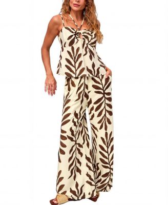 Cupshe Women's Leaf Print Keyhole Cami Top and Wide Leg Pants Matching Set
