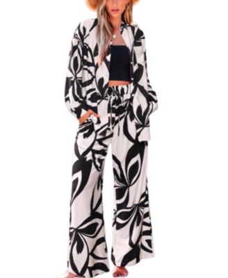 Cupshe Women's Abstract Leaf Print Button-Down Shirt and Wide Leg Pants Matching Set