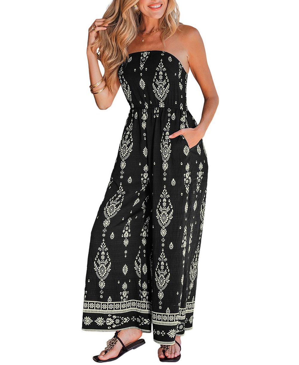 Cupshe Women's Bohemian Floral Strapless Wide Leg Jumpsuit