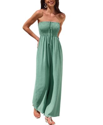 Cupshe Women's Mint Green Smocked Strapless Wide Leg Jumpsuit
