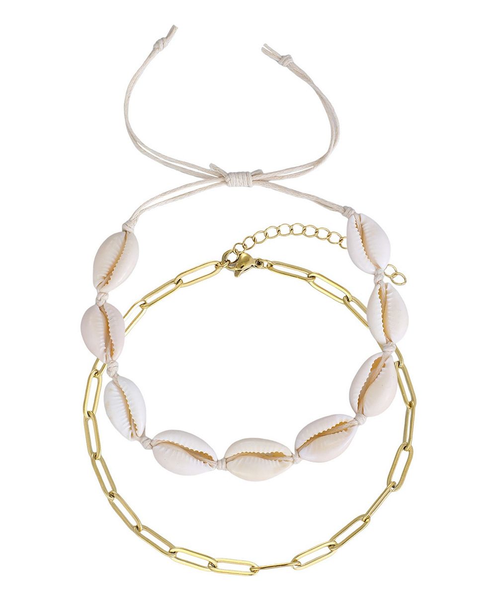 ADORNIA Tarnish Resistant Gold Set of 2 Adjustable Shell and Paperclip Link Anklet Set