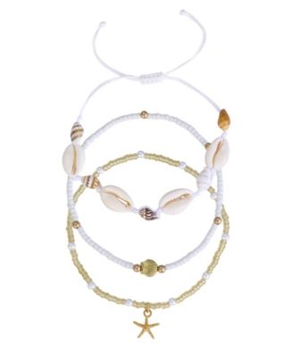 ADORNIA Set of 3 Shell and Bead Anklet Set