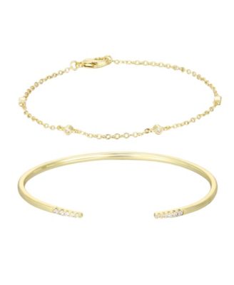ADORNIA Gold Cubic Zirconia Set of 2 Open Cuff and Station Bracelet