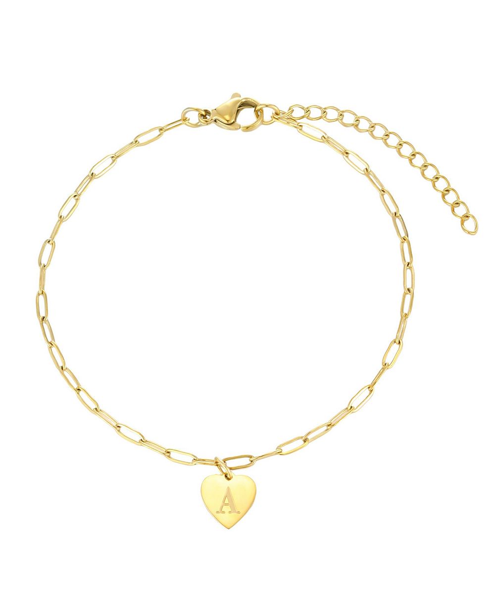 ADORNIA Tarnish Resistant Gold Initial Engraved Heart Paperclip Chain Bracelet