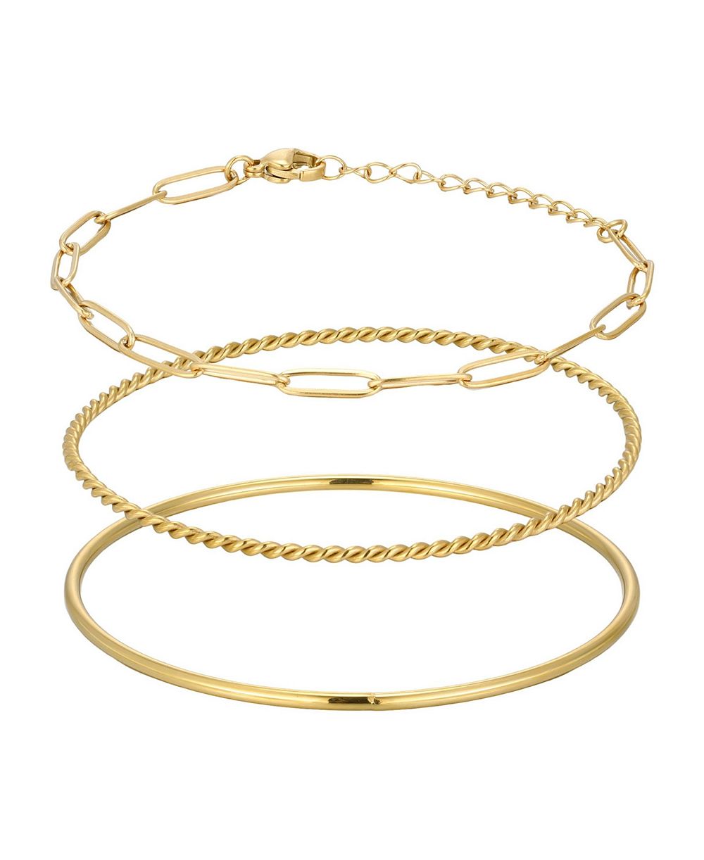 ADORNIA Tarnish Resistant Gold Set of 2 Bangles and Paperclip Chain Bracelets