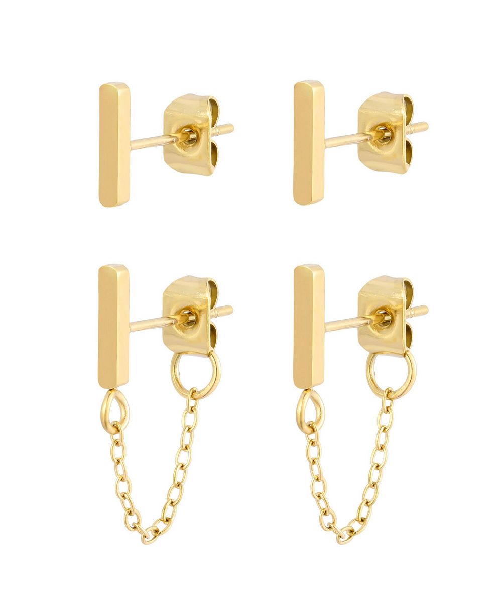 ADORNIA Tarnish Resistant Gold Wrap Around Chain and Bar Stud Earring Set