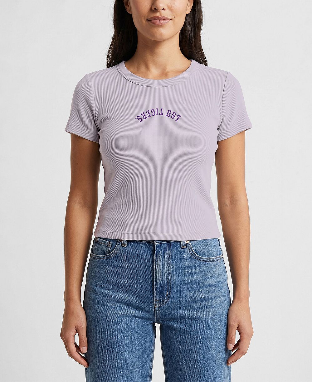 Женская укороченная футболка Uscape Apparel Purple LSU Tigers Upside Down Embroidery Ribbed Cropped