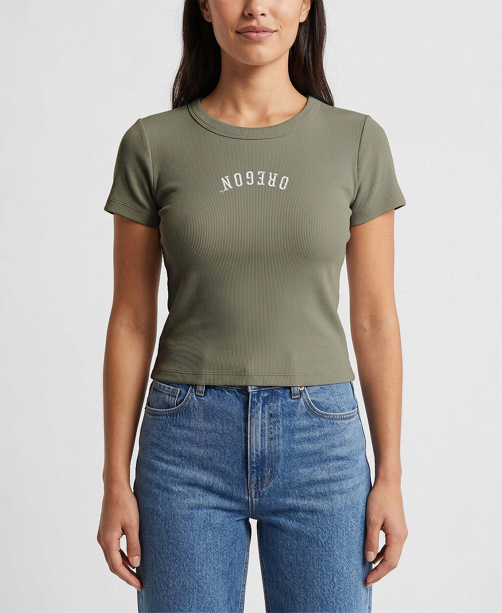 Женская укороченная футболка Uscape Apparel Women's Green Oregon Ducks Upside Down Embroidery Ribbed Cropped T-Shirt