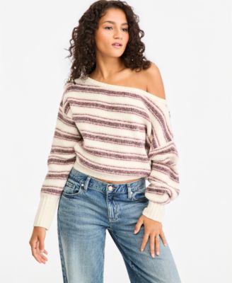 Hippie Rose Juniors' Slouchy Off-the-Shoulder Striped Pullover