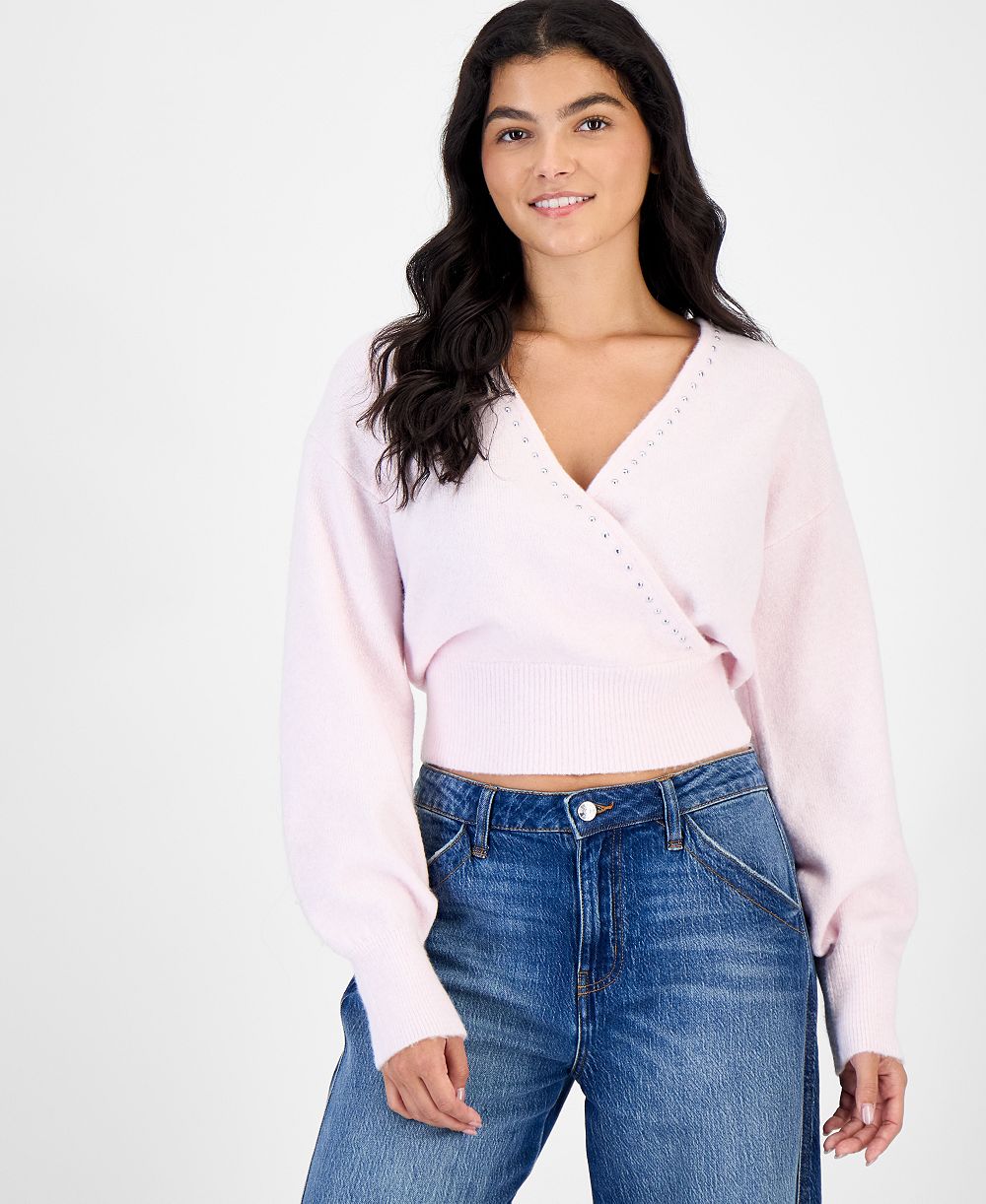 Hippie Rose Juniors' Surplice Studded Pullover Sweater