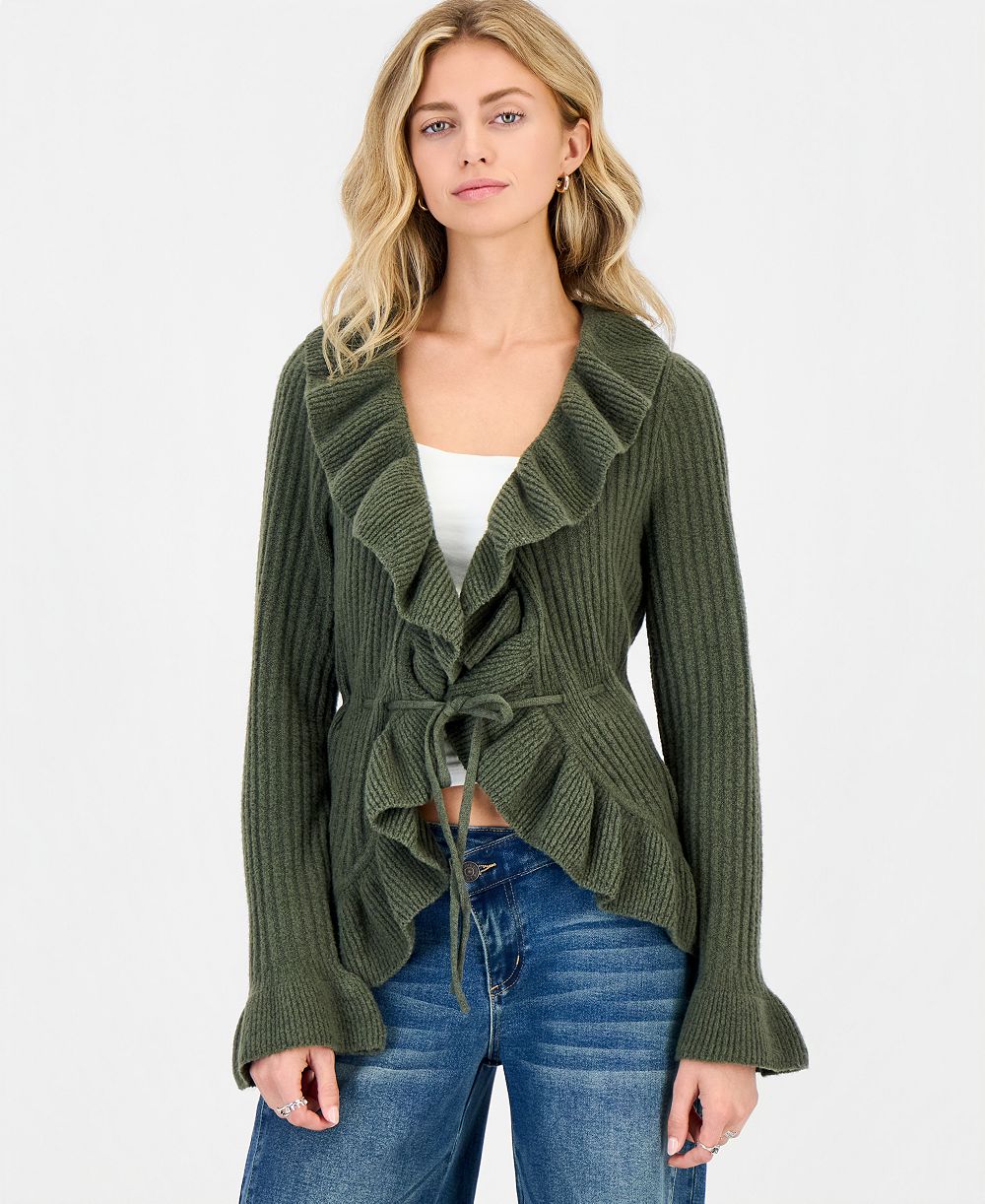 Hippie Rose Juniors' Tie Front Ruffle Cardigan