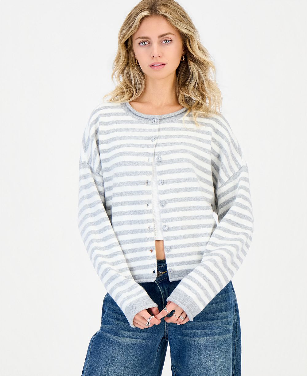 Hippie Rose Juniors' Oversized Rollneck Striped Cardigan