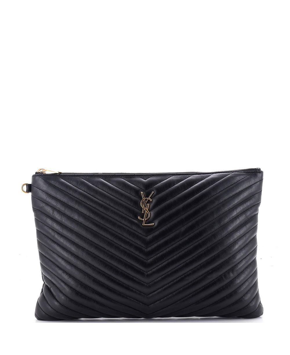 Pre-Owned Saint Laurent Large Classic Monogram Wristlet Pouch Matelasse Chevron Leather
