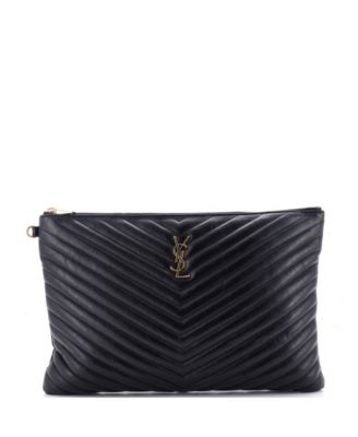 Pre-Owned Saint Laurent Large Classic Monogram Wristlet Pouch Matelasse Chevron Leather