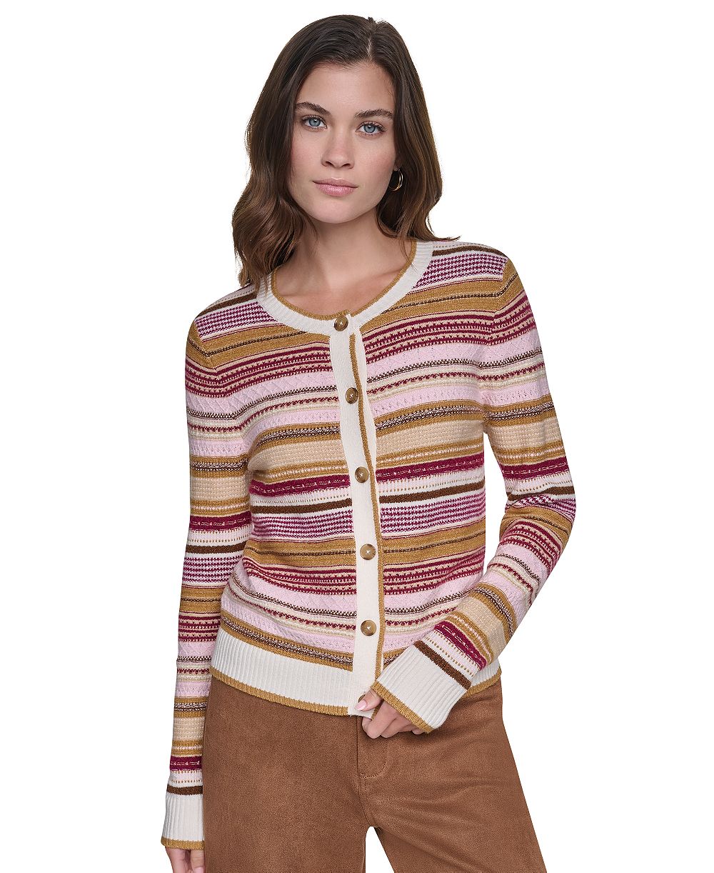 DKNY Jeans Women's Textured Variegated Stripe Crewneck Fitted Cardigan