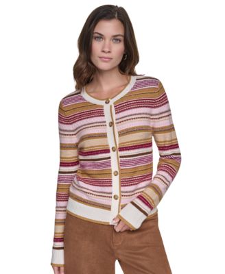 DKNY Jeans Women's Textured Variegated Stripe Crewneck Fitted Cardigan