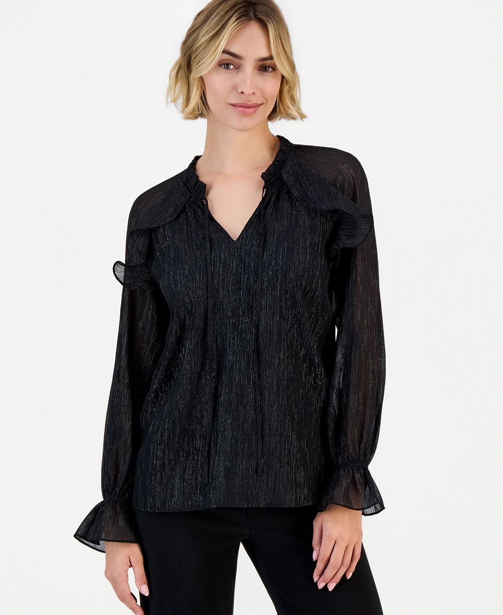 Anne Klein Women's Ruffle Raglan Long-Sleeve V-Neck Chiffon Blouse