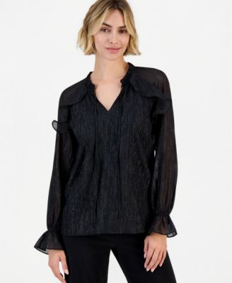 Anne Klein Women's Ruffle Raglan Long-Sleeve V-Neck Chiffon Blouse