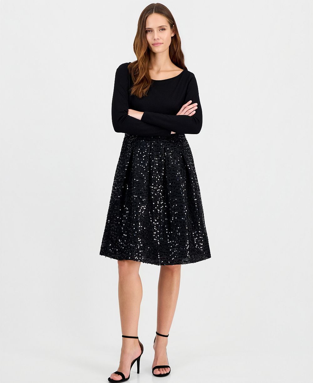 Женское длинное платье Anne Klein с пайетками, круглый вырез, длинные рукава, модель Serentiy