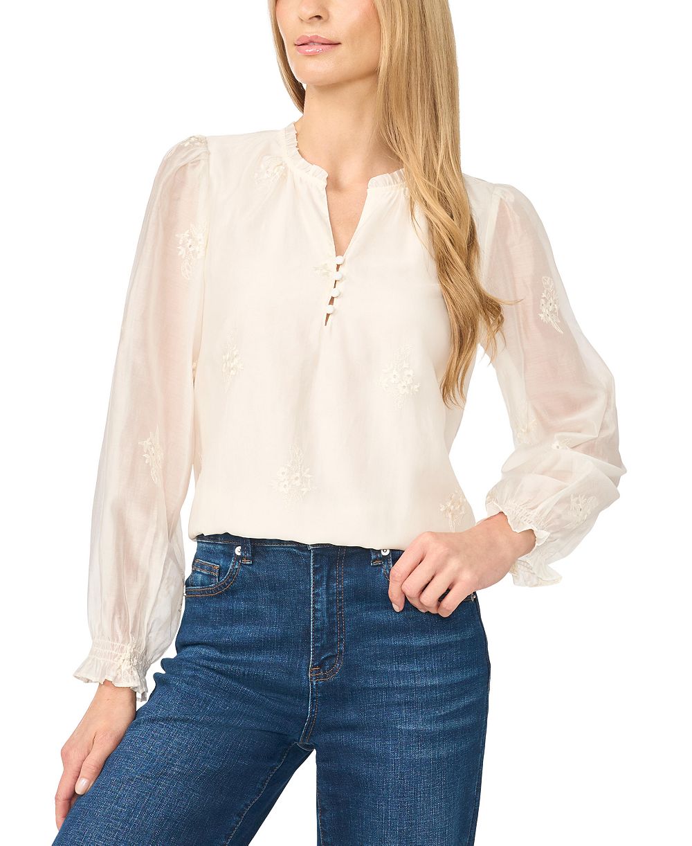 CeCe Women's Long-Sleeve Ruffle Neck Embroidered Blouse