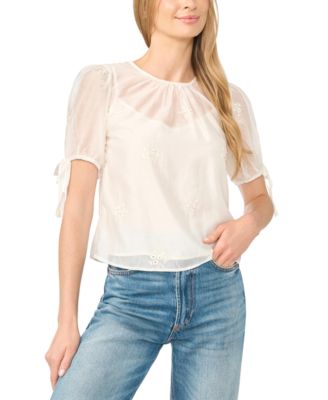CeCe Women's Bubble Short-Sleeve Floral-Print Shirred Neck Top