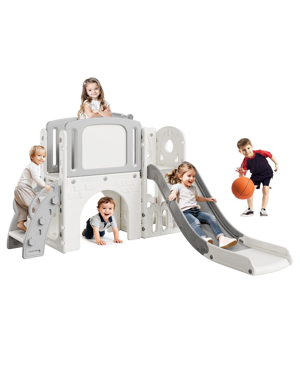 homfan детский игровой туннель и скалодром 8-в-1, игровая площадка для дома и улицы с горкой и баскетбольным кольцом