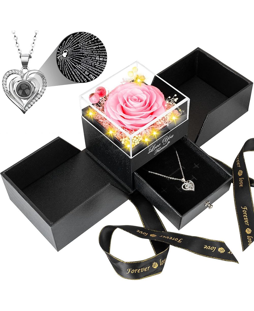Lovery Preserved Pink Rose Gift Box with LED Lights & Double Heart Projection Necklace, I Love You in 100 Languages, Forever Rose Gift