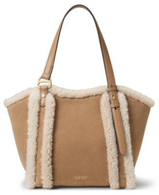 Lauren Ralph Lauren Tasha Suede Shearling Trim Small Tote Bag