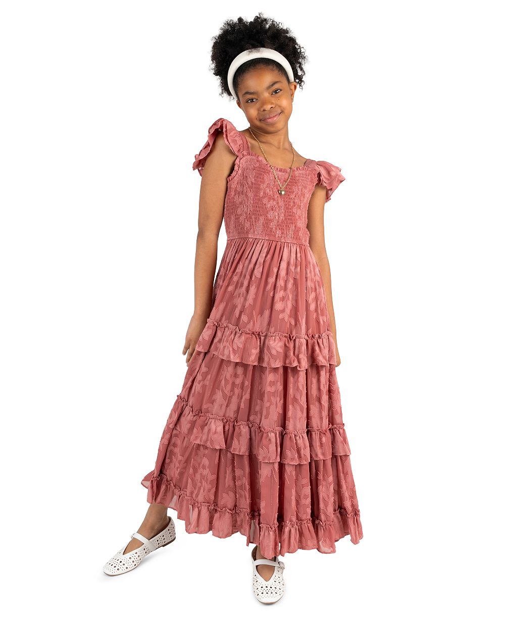 Детское платье Rare Editions 7-14 Burnout Chiffon Smocked Sweetheart Neck Tiered Maxi