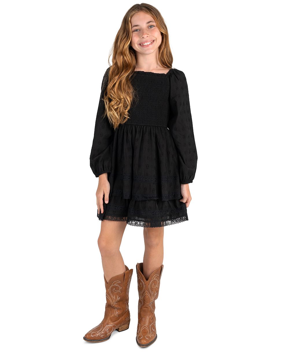 Rare Editions Girls' 7-14 Textured Clip Dot Smocked Bodice Long-Sleeve Dress