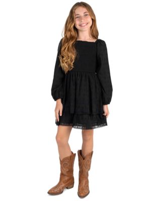Rare Editions Girls' 7-14 Textured Clip Dot Smocked Bodice Long-Sleeve Dress