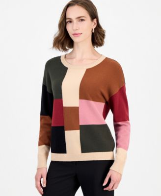 T Tahari Women's Colorblock Crewneck Long-Sleeve Pullover Sweater