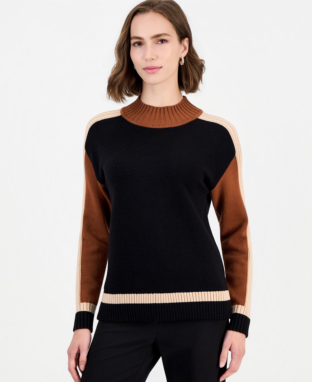 T Tahari Women's Mock Neck Long-Sleeve Colorblock Pullover
