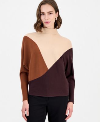 T Tahari Women's Colorblock Dolman-Sleeve Funnel-Neck Pullover