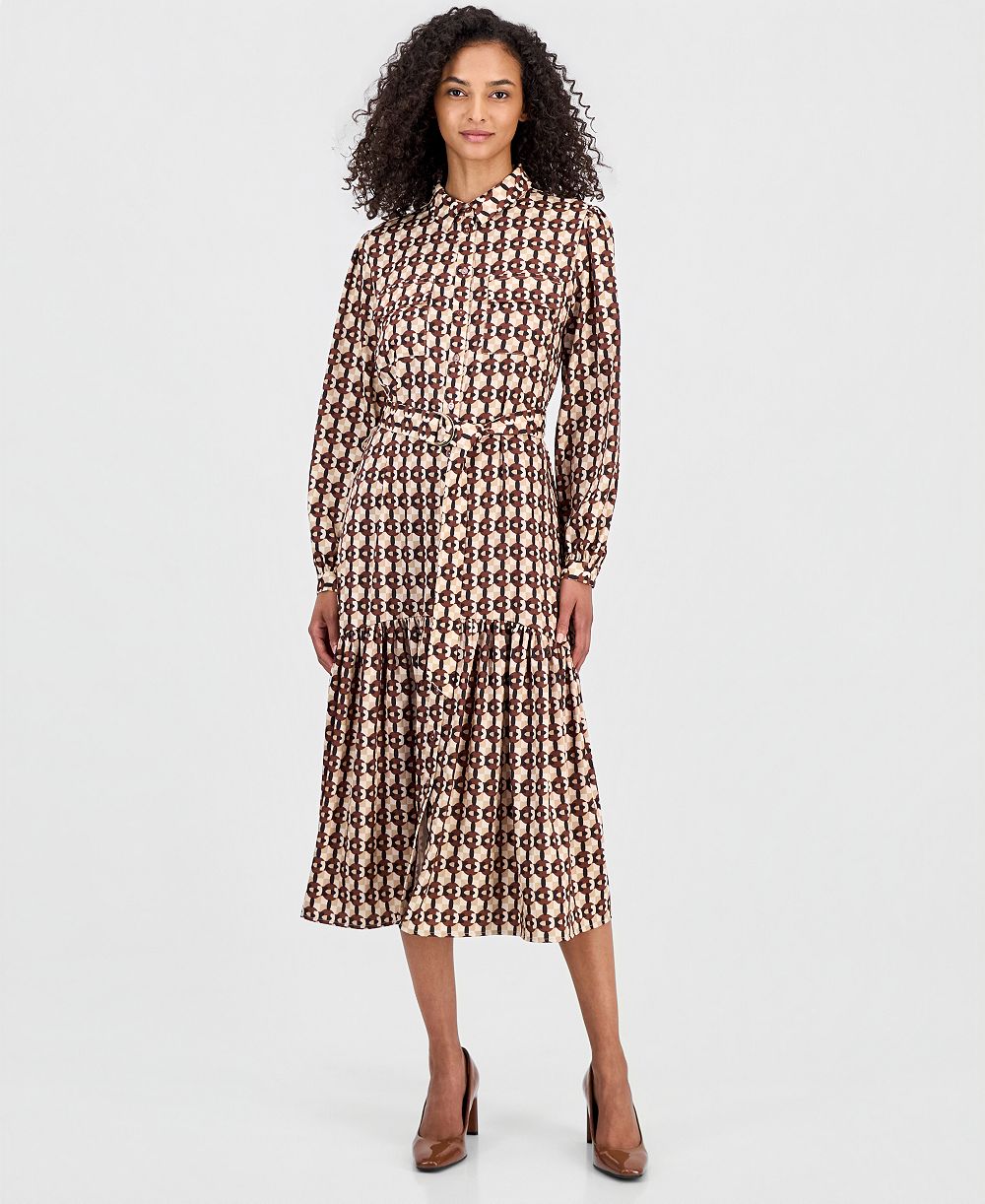 Женское платье T Tahari Long-Sleeve Button-Down Peplum Midi