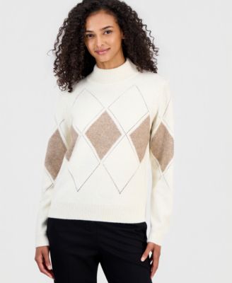 T Tahari Women's Mock Neck Pointelle Argyle Pullover
