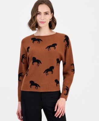 T Tahari Women's Dolman Sleeve Crewneck Horse Jacquard Pullover Sweater