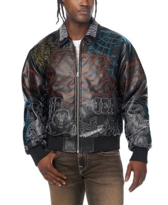 True Religion Men's Trophy Retro Embroidered Faux Leather Bomber Jacket