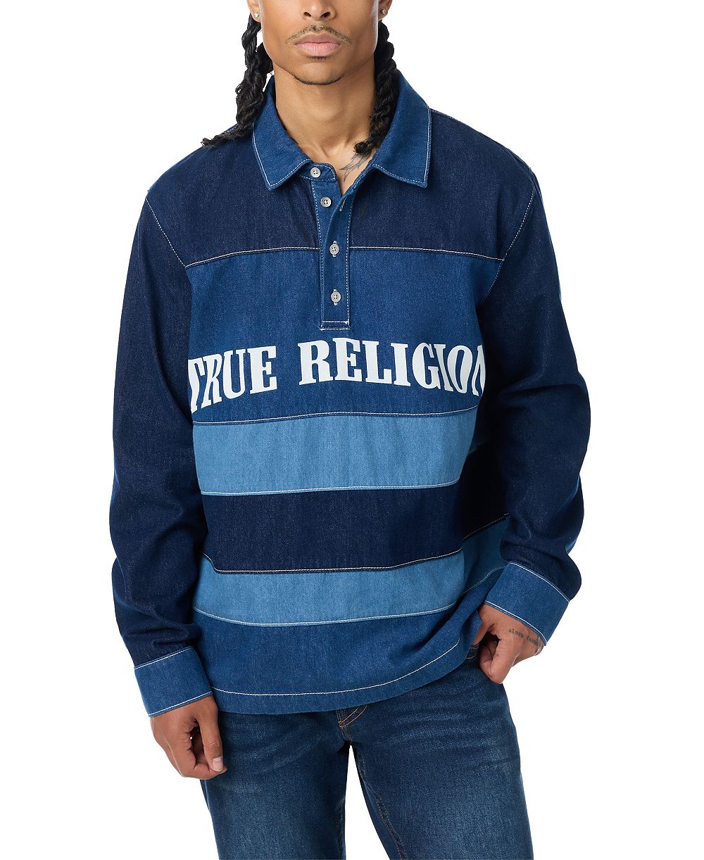 True Religion Мужская поло-рубашка с длинным рукавом и джинсовой полоской