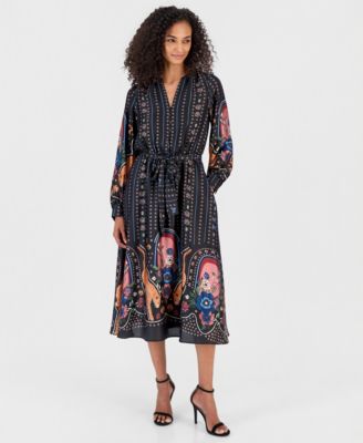 T Tahari Women's Split V-Neck Long-Sleeve Fit & Flare Midi Dress